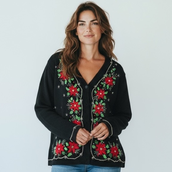 Vintage Sweaters - Vintage Christmas Beaded Black Cardigan with Red Floral Embroidery